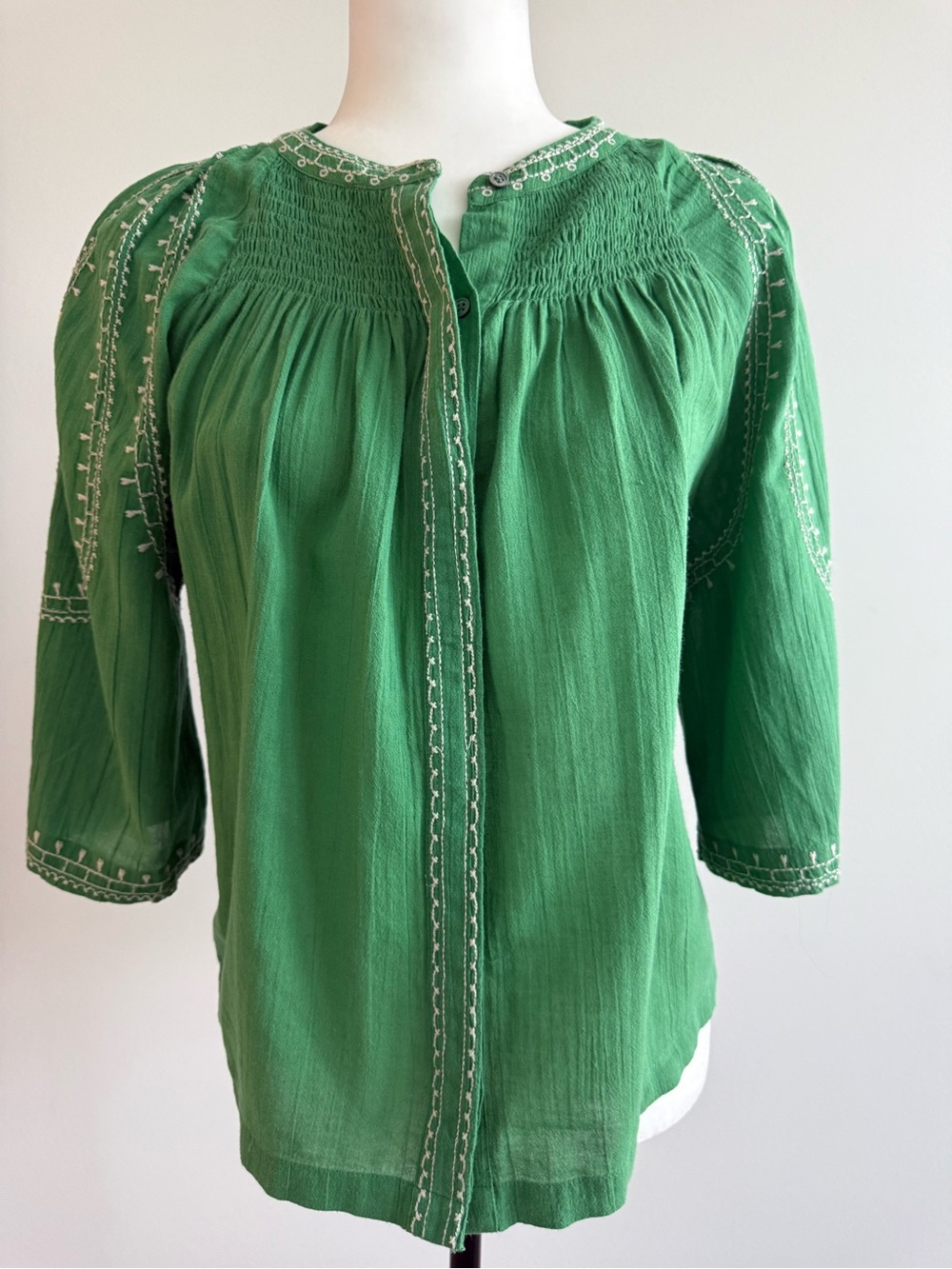 Indi & Cold Brand New W/Tags Embroidered Green Peasant Blouse with Smocked Yoke